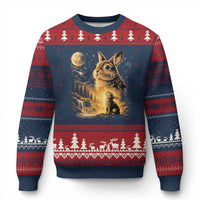 Mystical Moonlit Bunny Graphic Ugly Christmas Sweater Glowing Rabbit Under Full Moon Waterfall Nature Scene