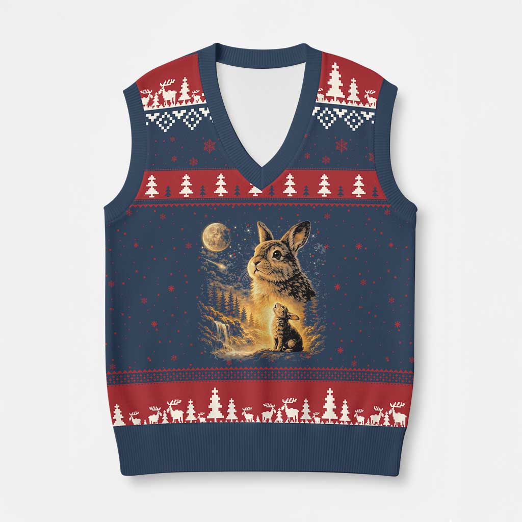 Mystical Moonlit Bunny Graphic V-Neck Knit Sweater Vest Glowing Rabbit Under Full Moon Waterfall Nature Scene