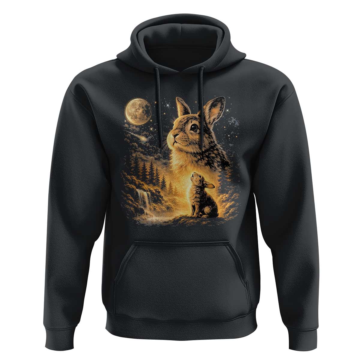 Mystical Moonlit Bunny Graphic Hoodie Glowing Rabbit Under Full Moon Waterfall Nature Scene