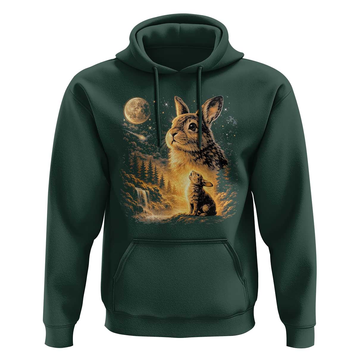 Mystical Moonlit Bunny Graphic Hoodie Glowing Rabbit Under Full Moon Waterfall Nature Scene