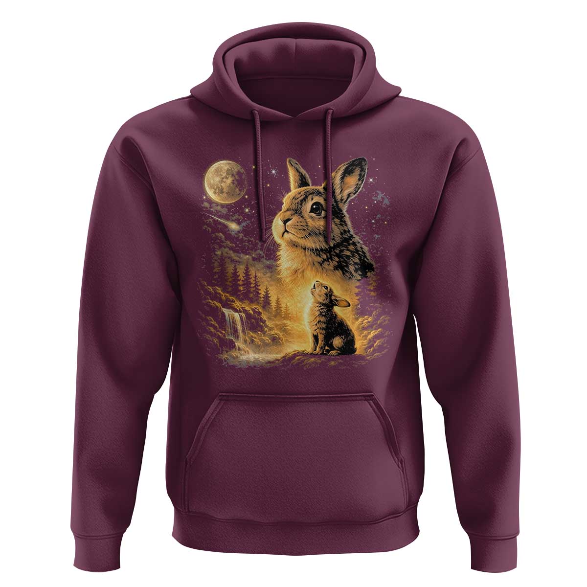 Mystical Moonlit Bunny Graphic Hoodie Glowing Rabbit Under Full Moon Waterfall Nature Scene
