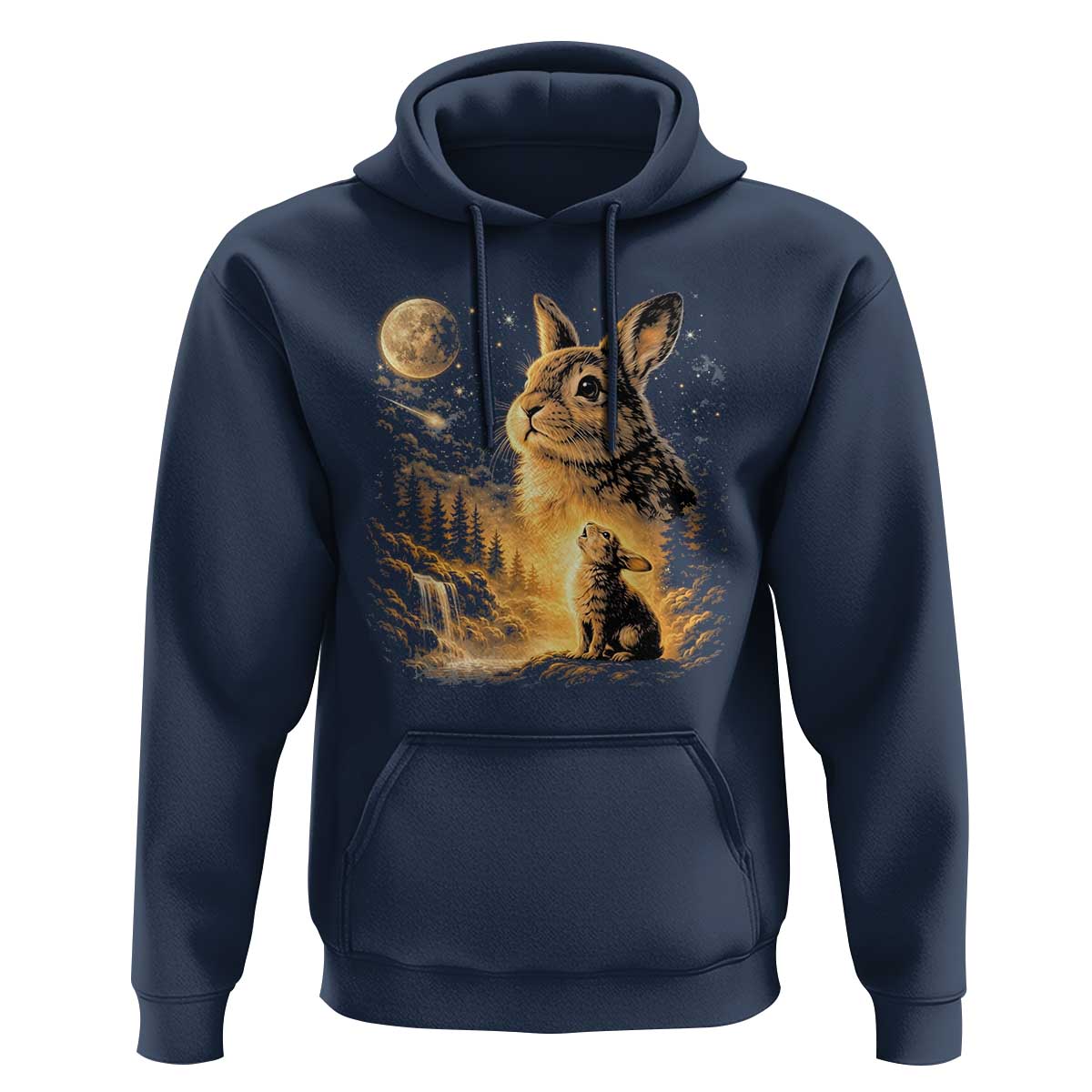 Mystical Moonlit Bunny Graphic Hoodie Glowing Rabbit Under Full Moon Waterfall Nature Scene