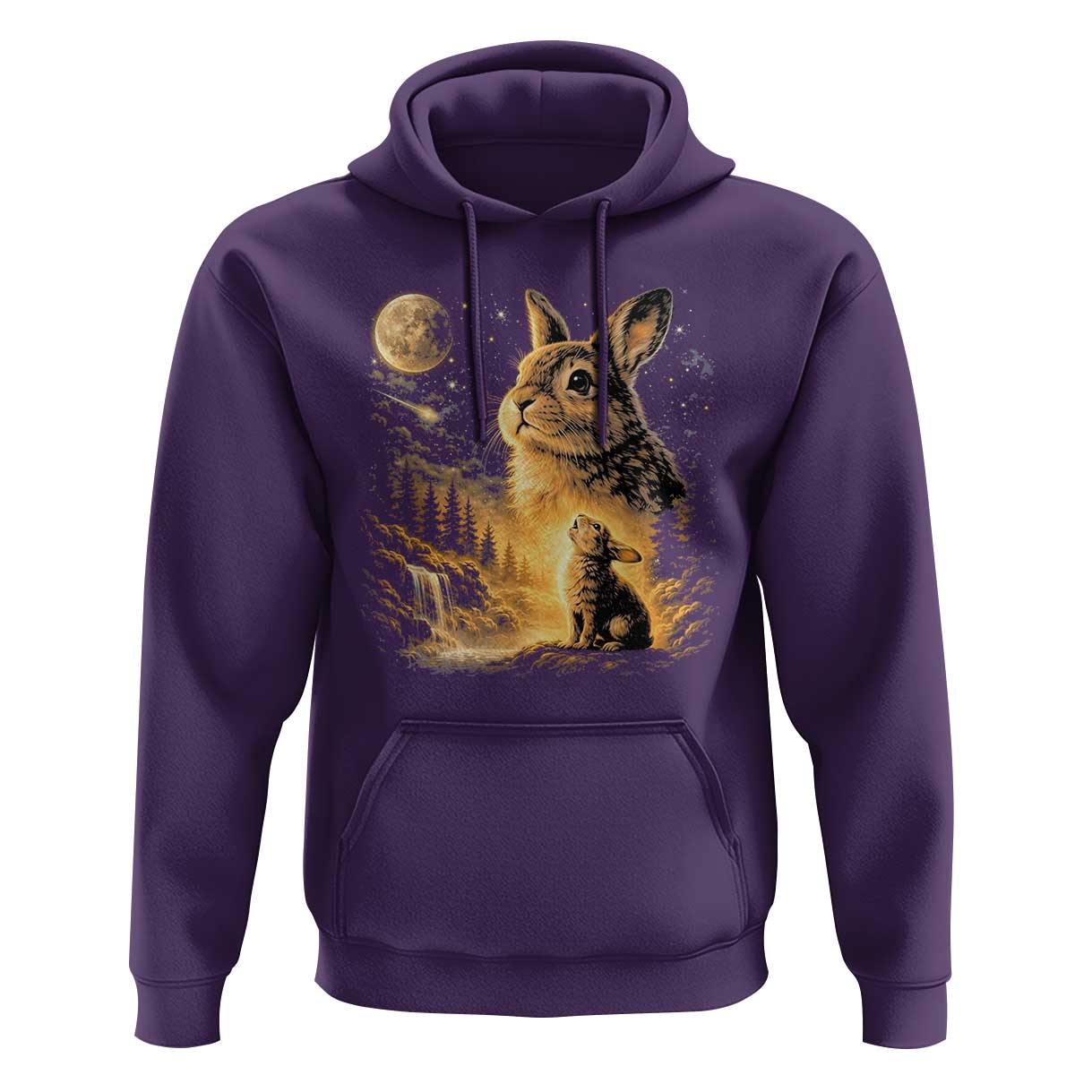 Mystical Moonlit Bunny Graphic Hoodie Glowing Rabbit Under Full Moon Waterfall Nature Scene