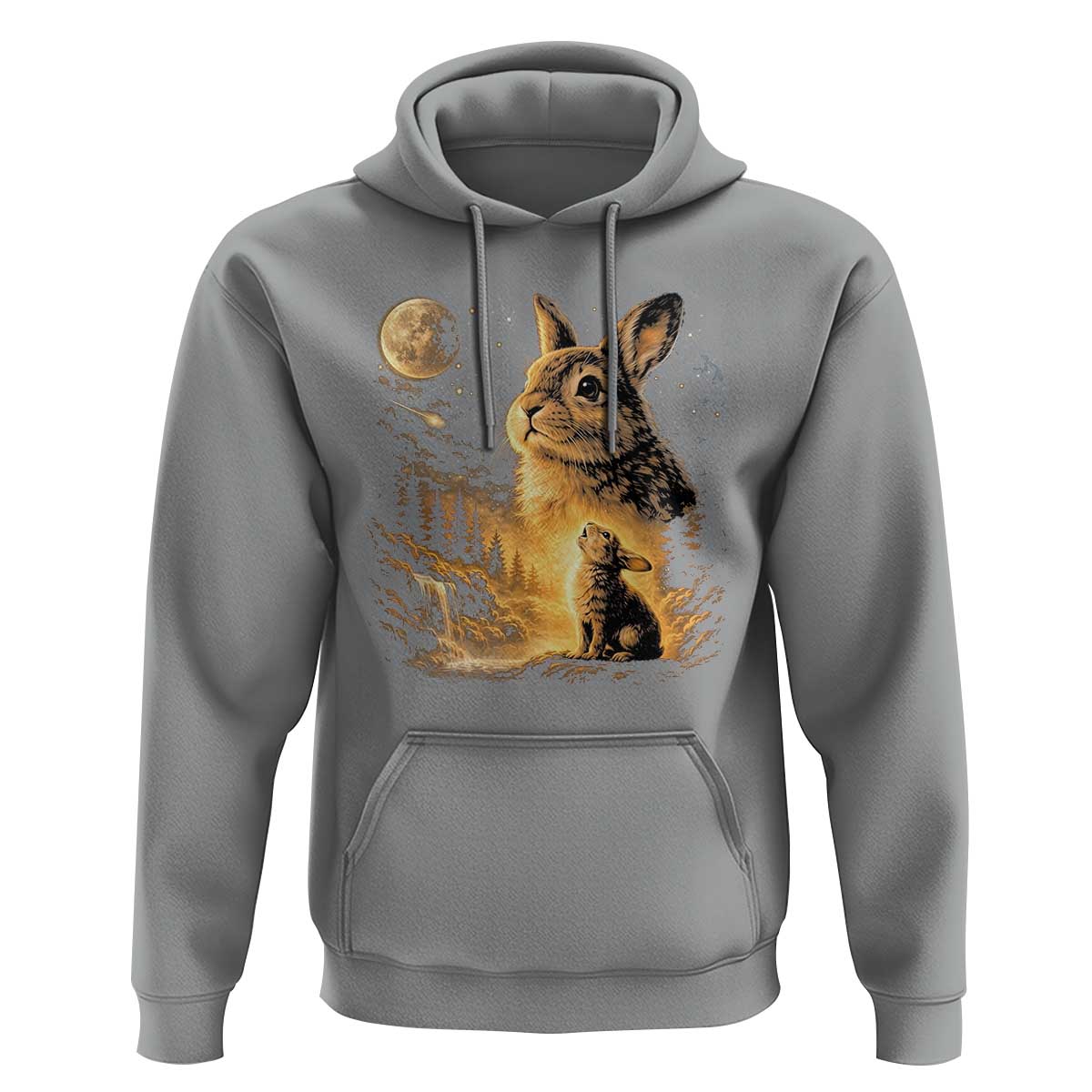 Mystical Moonlit Bunny Graphic Hoodie Glowing Rabbit Under Full Moon Waterfall Nature Scene