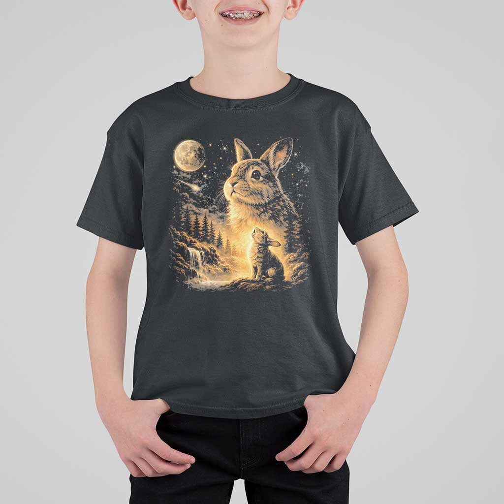 Mystical Moonlit Bunny Graphic T Shirt For Kid Glowing Rabbit Under Full Moon Waterfall Nature Scene