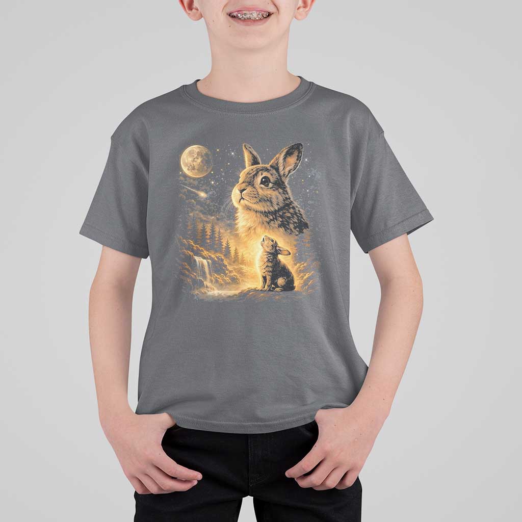 Mystical Moonlit Bunny Graphic T Shirt For Kid Glowing Rabbit Under Full Moon Waterfall Nature Scene