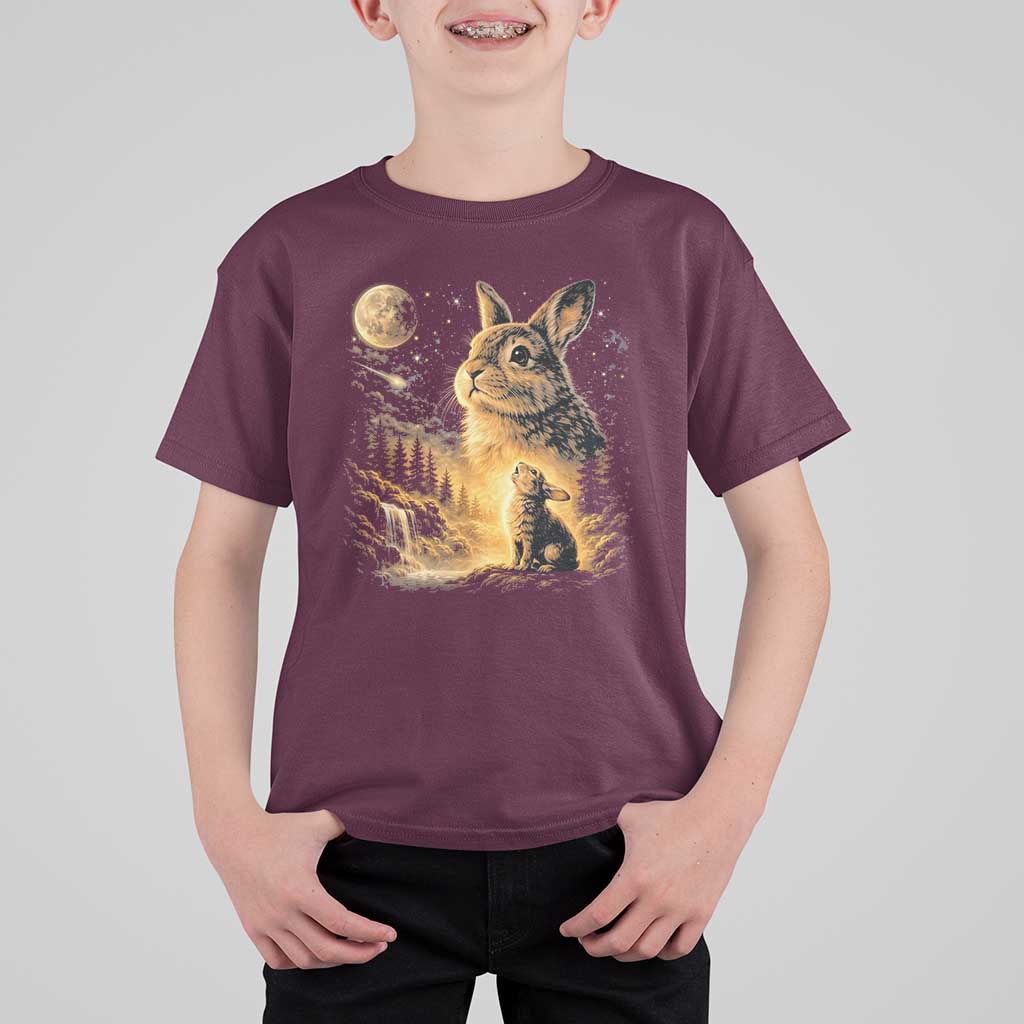 Mystical Moonlit Bunny Graphic T Shirt For Kid Glowing Rabbit Under Full Moon Waterfall Nature Scene