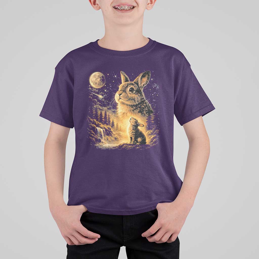 Mystical Moonlit Bunny Graphic T Shirt For Kid Glowing Rabbit Under Full Moon Waterfall Nature Scene