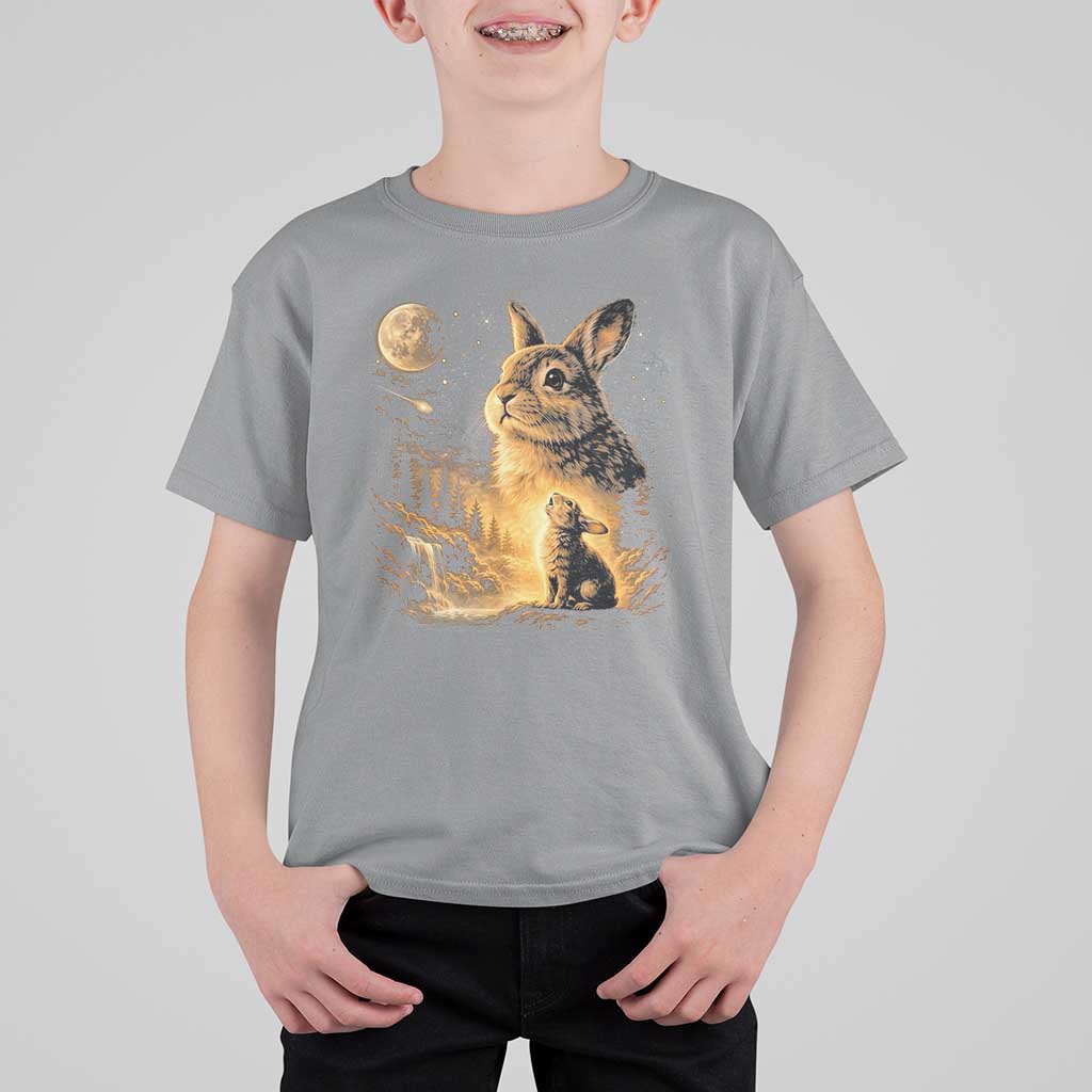 Mystical Moonlit Bunny Graphic T Shirt For Kid Glowing Rabbit Under Full Moon Waterfall Nature Scene