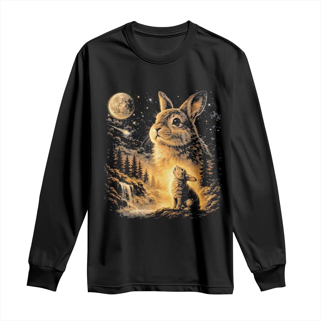 Mystical Moonlit Bunny Graphic Long Sleeve Shirt Glowing Rabbit Under Full Moon Waterfall Nature Scene