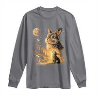 Mystical Moonlit Bunny Graphic Long Sleeve Shirt Glowing Rabbit Under Full Moon Waterfall Nature Scene