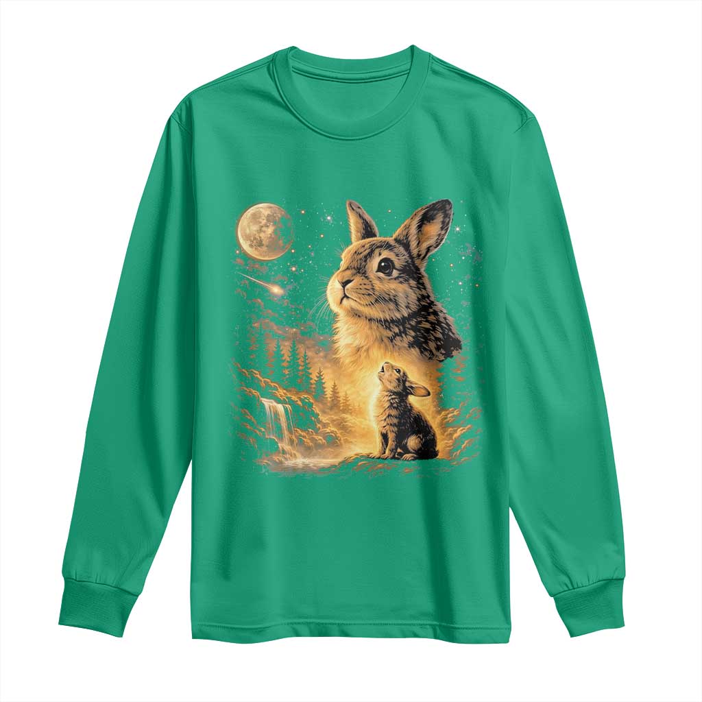 Mystical Moonlit Bunny Graphic Long Sleeve Shirt Glowing Rabbit Under Full Moon Waterfall Nature Scene