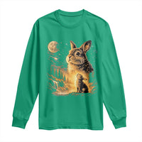 Mystical Moonlit Bunny Graphic Long Sleeve Shirt Glowing Rabbit Under Full Moon Waterfall Nature Scene