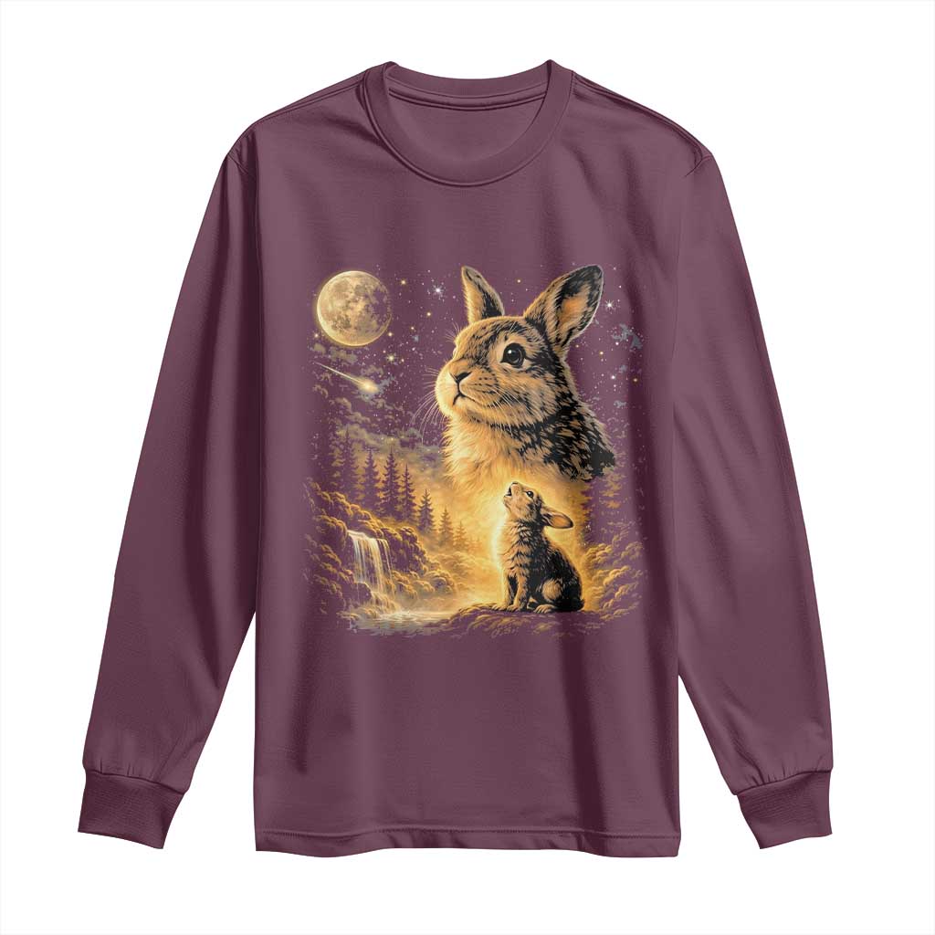 Mystical Moonlit Bunny Graphic Long Sleeve Shirt Glowing Rabbit Under Full Moon Waterfall Nature Scene