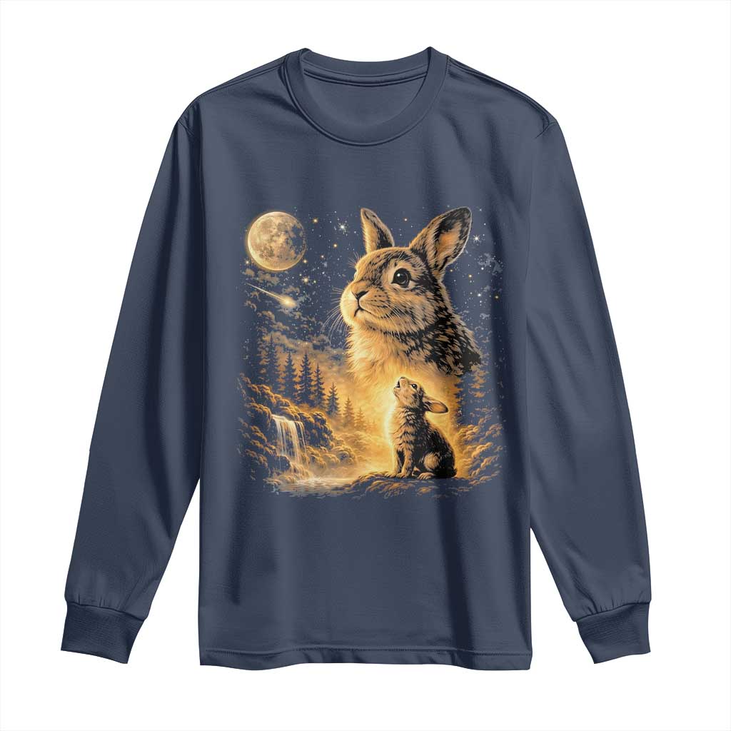 Mystical Moonlit Bunny Graphic Long Sleeve Shirt Glowing Rabbit Under Full Moon Waterfall Nature Scene
