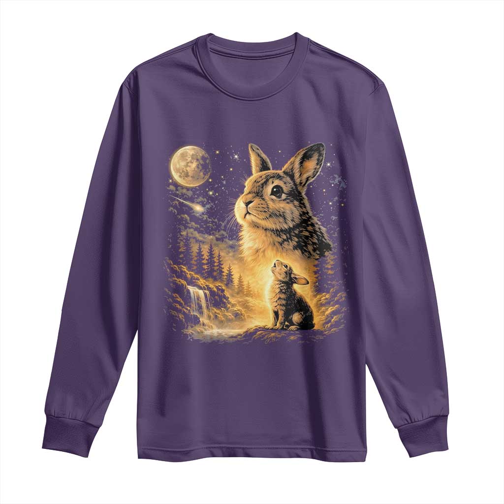 Mystical Moonlit Bunny Graphic Long Sleeve Shirt Glowing Rabbit Under Full Moon Waterfall Nature Scene