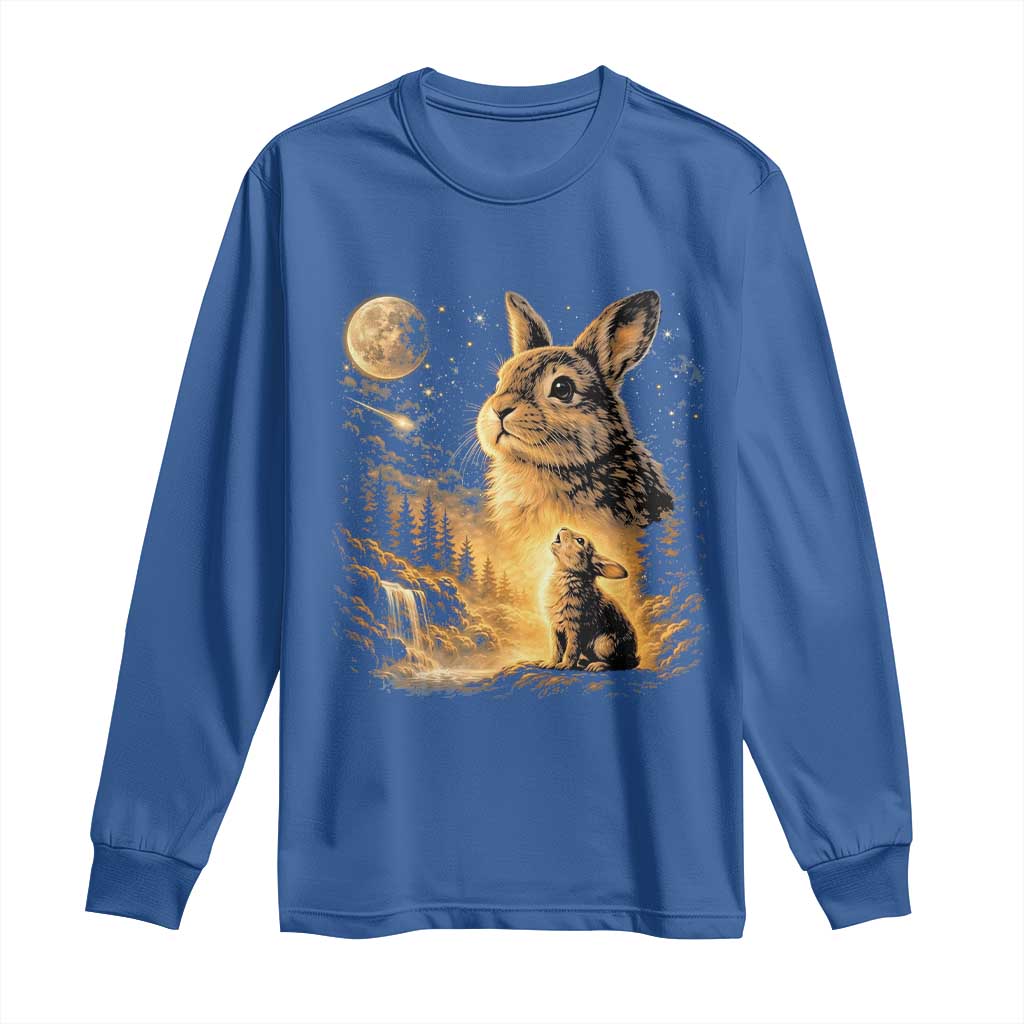 Mystical Moonlit Bunny Graphic Long Sleeve Shirt Glowing Rabbit Under Full Moon Waterfall Nature Scene
