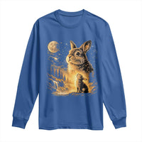 Mystical Moonlit Bunny Graphic Long Sleeve Shirt Glowing Rabbit Under Full Moon Waterfall Nature Scene