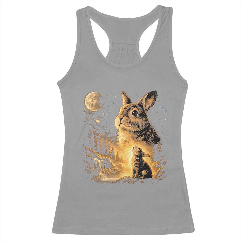 Mystical Moonlit Bunny Graphic Racerback Tank Top Glowing Rabbit Under Full Moon Waterfall Nature Scene