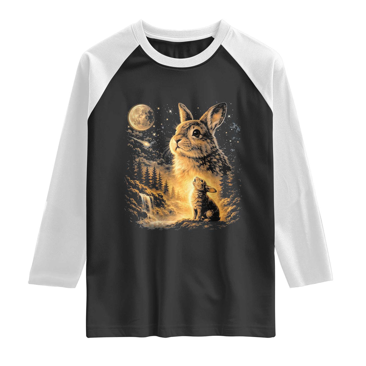 Mystical Moonlit Bunny Graphic Raglan Shirt Glowing Rabbit Under Full Moon Waterfall Nature Scene