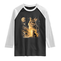 Mystical Moonlit Bunny Graphic Raglan Shirt Glowing Rabbit Under Full Moon Waterfall Nature Scene