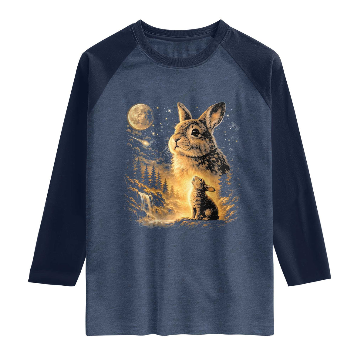 Mystical Moonlit Bunny Graphic Raglan Shirt Glowing Rabbit Under Full Moon Waterfall Nature Scene