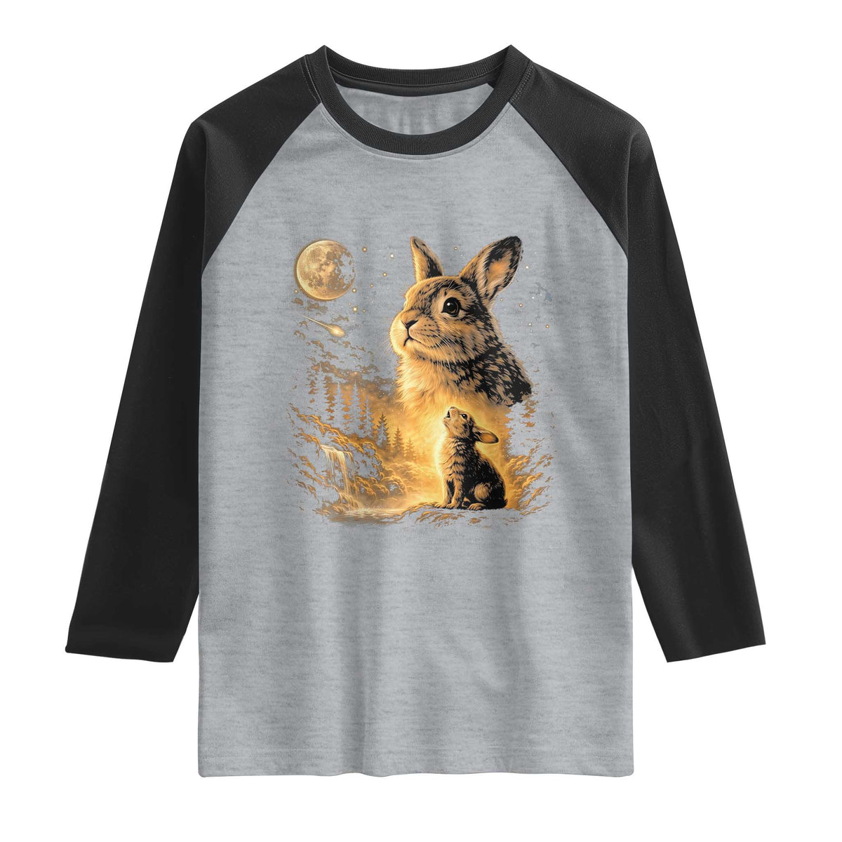Mystical Moonlit Bunny Graphic Raglan Shirt Glowing Rabbit Under Full Moon Waterfall Nature Scene