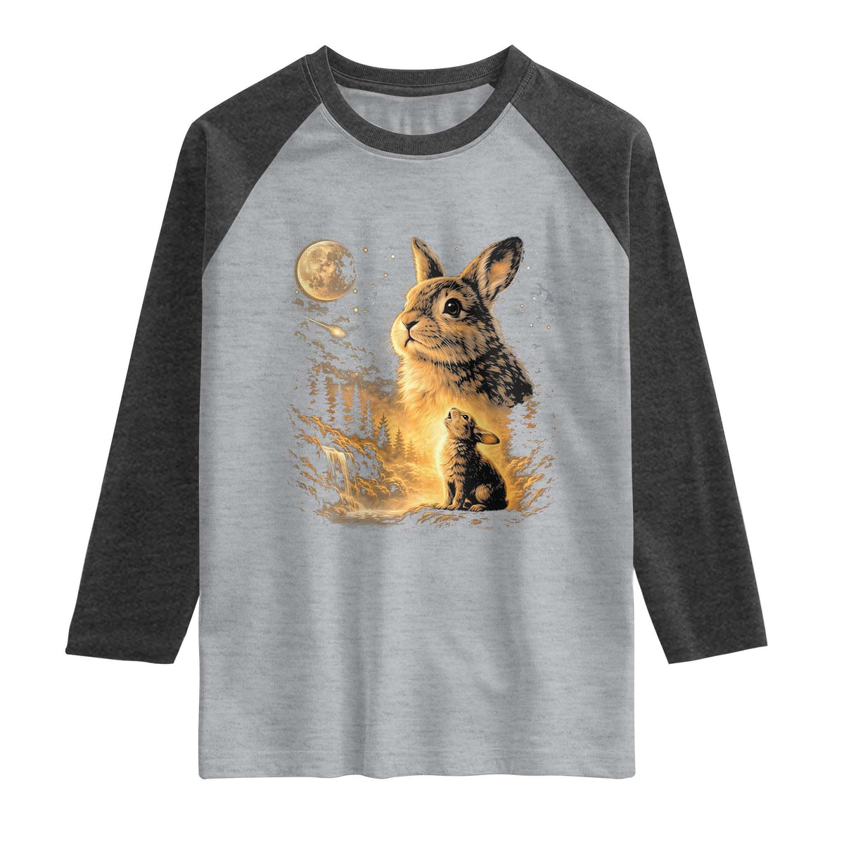 Mystical Moonlit Bunny Graphic Raglan Shirt Glowing Rabbit Under Full Moon Waterfall Nature Scene