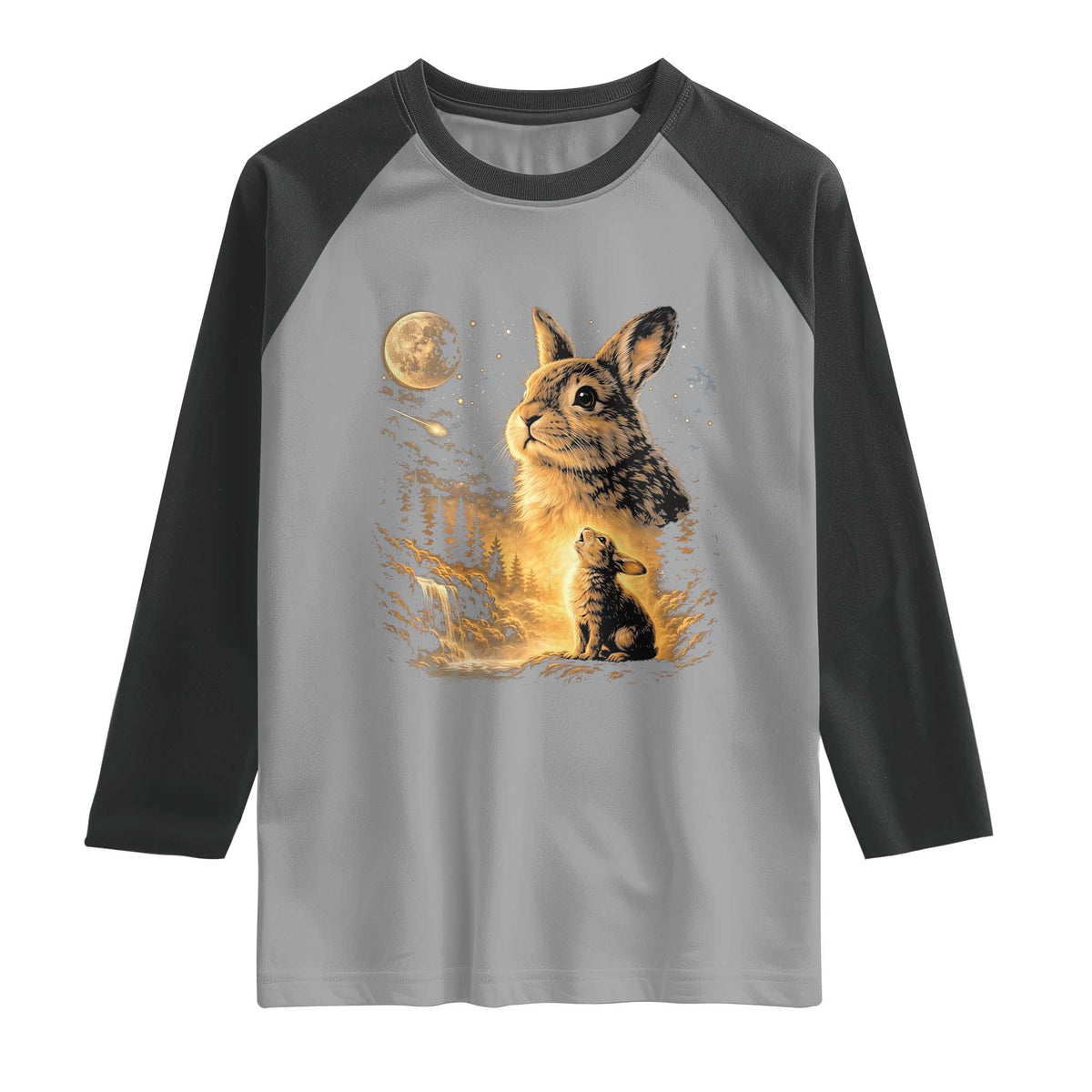 Mystical Moonlit Bunny Graphic Raglan Shirt Glowing Rabbit Under Full Moon Waterfall Nature Scene