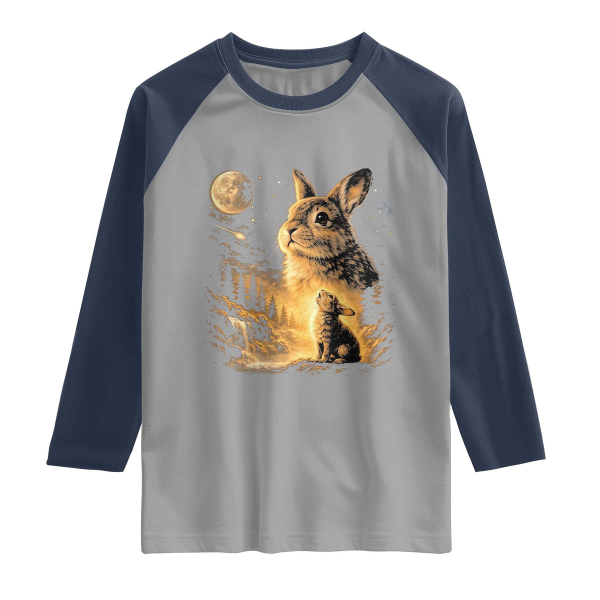 Mystical Moonlit Bunny Graphic Raglan Shirt Glowing Rabbit Under Full Moon Waterfall Nature Scene
