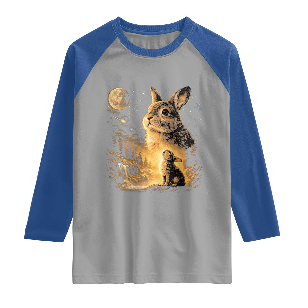 Mystical Moonlit Bunny Graphic Raglan Shirt Glowing Rabbit Under Full Moon Waterfall Nature Scene