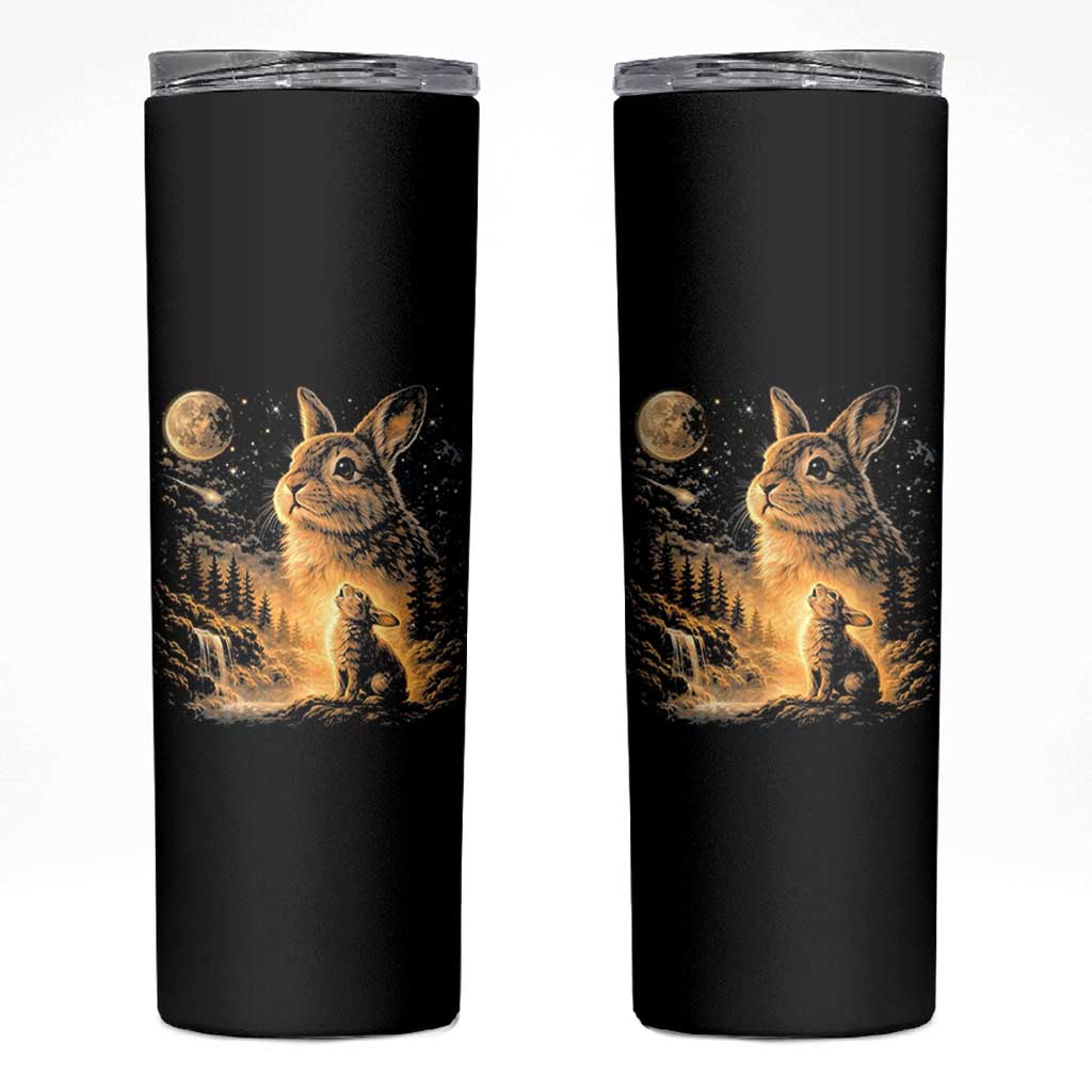 Mystical Moonlit Bunny Graphic Skinny Tumbler Glowing Rabbit Under Full Moon Waterfall Nature Scene
