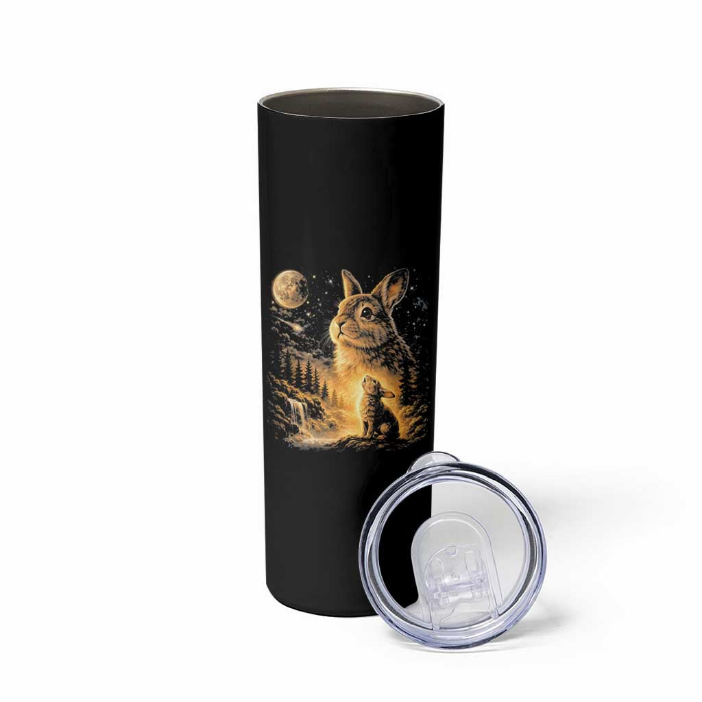 Mystical Moonlit Bunny Graphic Skinny Tumbler Glowing Rabbit Under Full Moon Waterfall Nature Scene