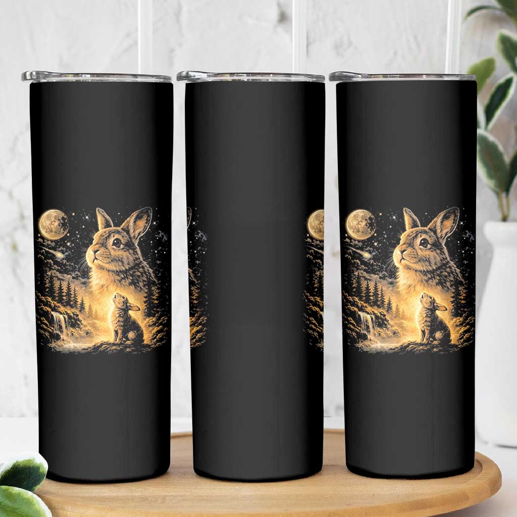 Mystical Moonlit Bunny Graphic Skinny Tumbler Glowing Rabbit Under Full Moon Waterfall Nature Scene