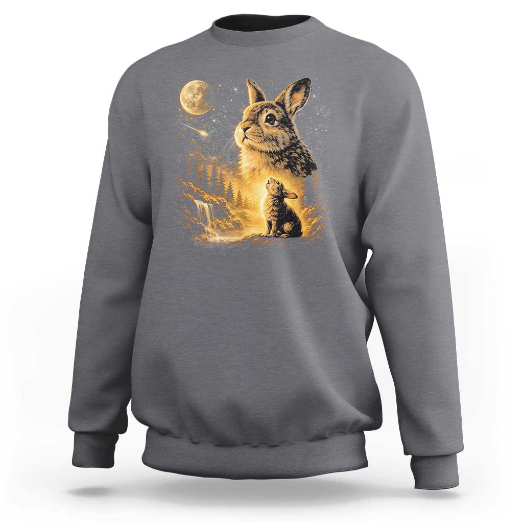 Mystical Moonlit Bunny Graphic Sweatshirt Glowing Rabbit Under Full Moon Waterfall Nature Scene