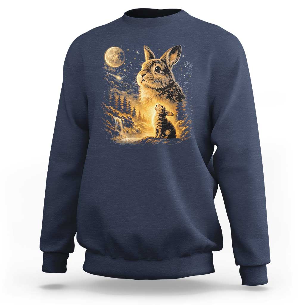 Mystical Moonlit Bunny Graphic Sweatshirt Glowing Rabbit Under Full Moon Waterfall Nature Scene