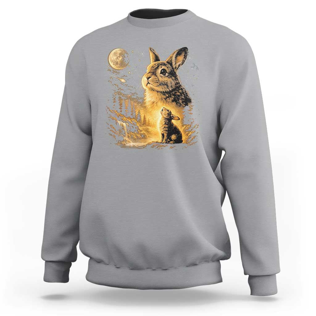 Mystical Moonlit Bunny Graphic Sweatshirt Glowing Rabbit Under Full Moon Waterfall Nature Scene
