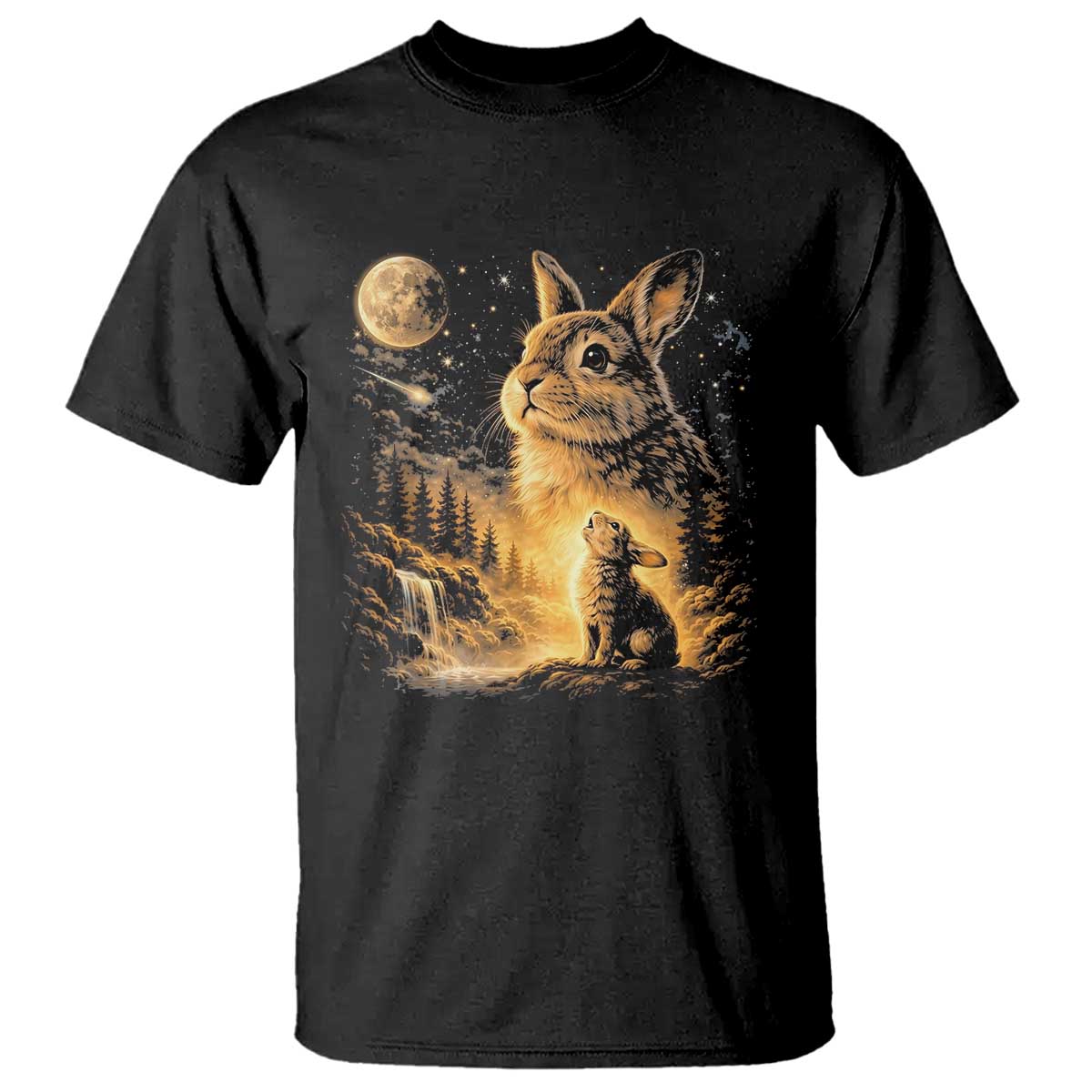 Mystical Moonlit Bunny Graphic T Shirt Glowing Rabbit Under Full Moon Waterfall Nature Scene
