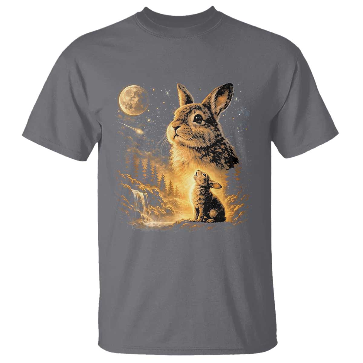 Mystical Moonlit Bunny Graphic T Shirt Glowing Rabbit Under Full Moon Waterfall Nature Scene