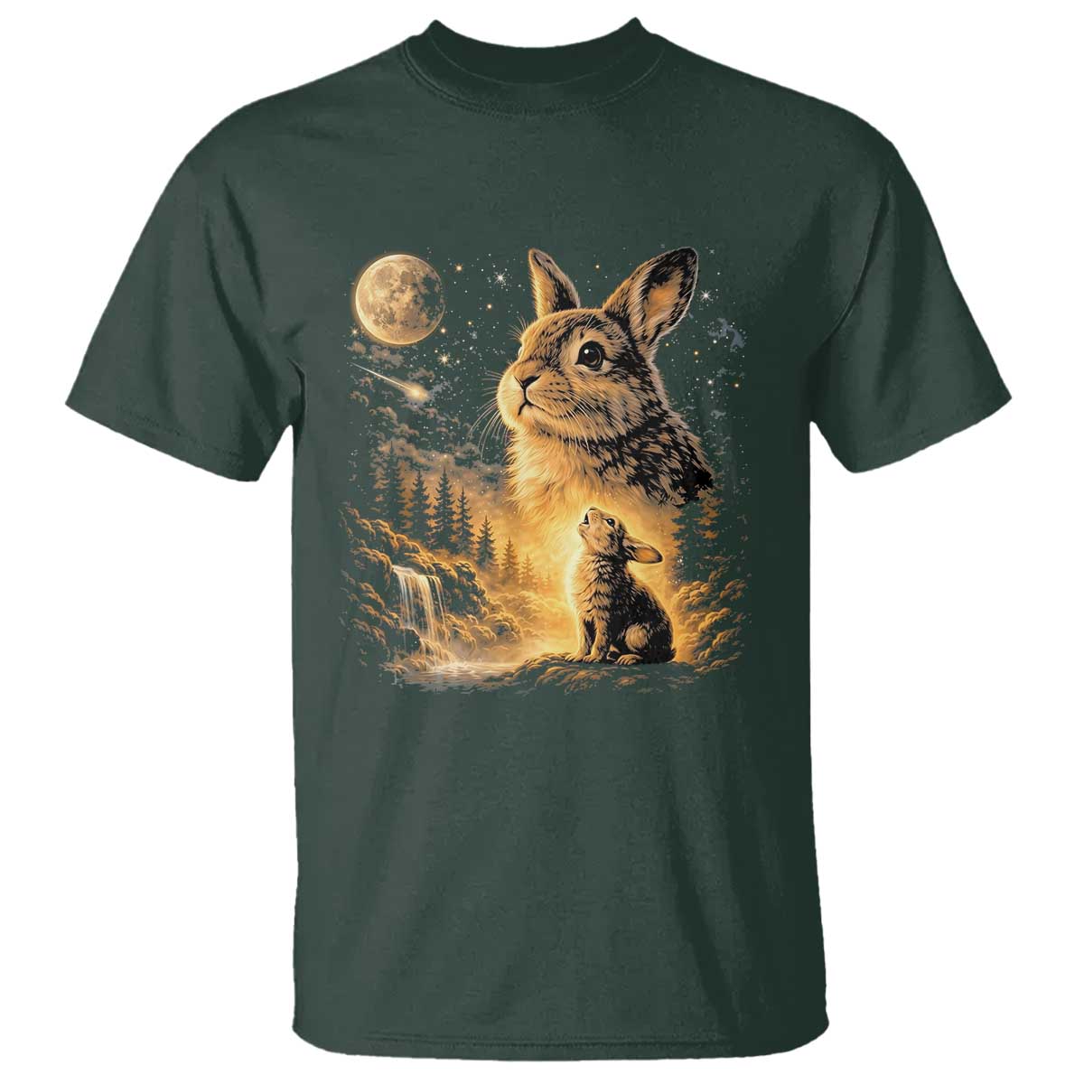 Mystical Moonlit Bunny Graphic T Shirt Glowing Rabbit Under Full Moon Waterfall Nature Scene