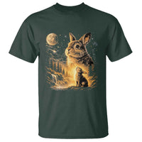 Mystical Moonlit Bunny Graphic T Shirt Glowing Rabbit Under Full Moon Waterfall Nature Scene