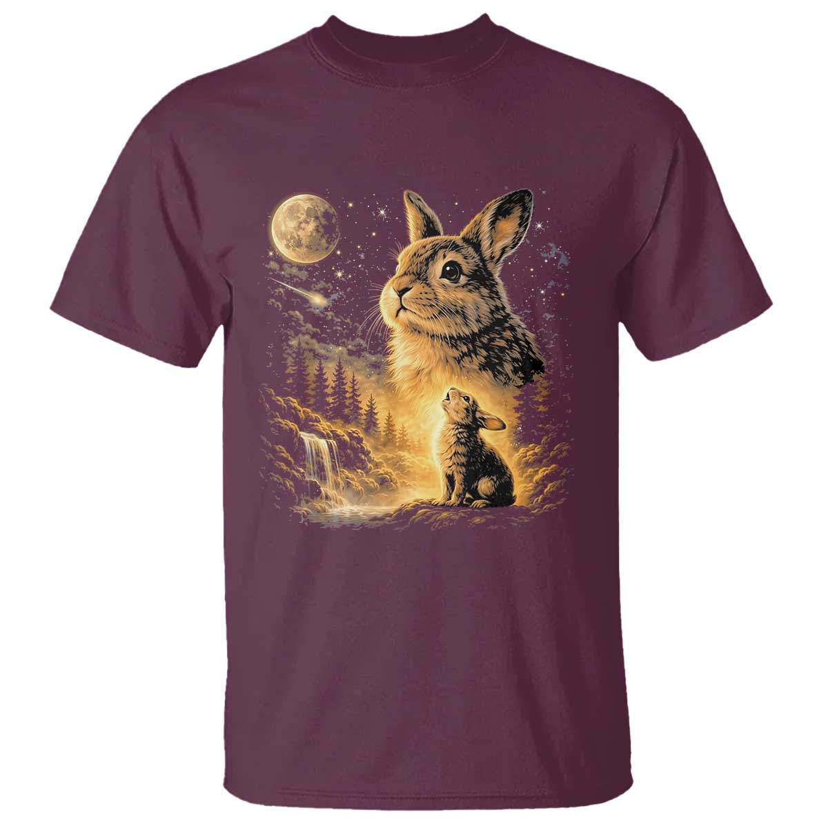 Mystical Moonlit Bunny Graphic T Shirt Glowing Rabbit Under Full Moon Waterfall Nature Scene