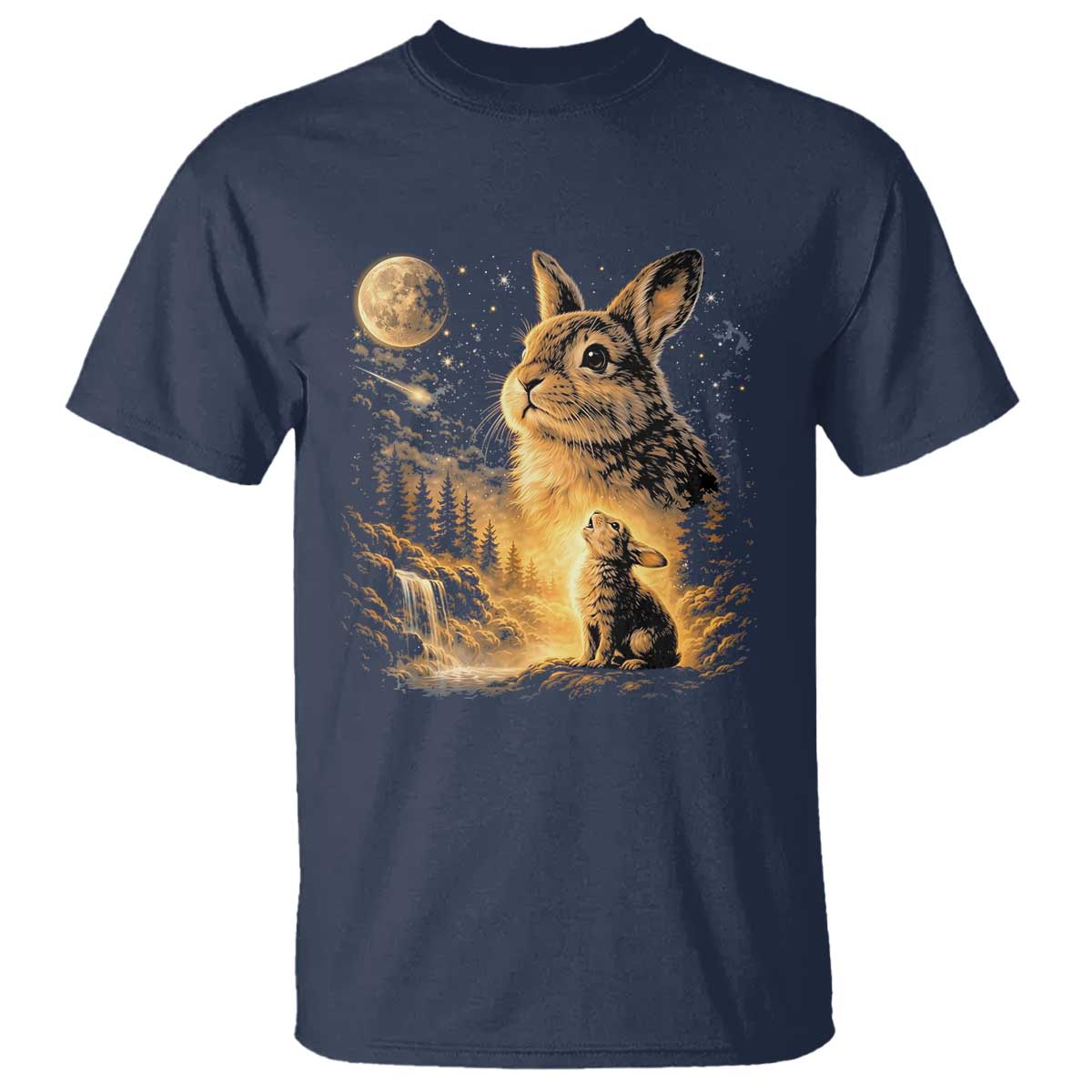 Mystical Moonlit Bunny Graphic T Shirt Glowing Rabbit Under Full Moon Waterfall Nature Scene