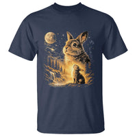 Mystical Moonlit Bunny Graphic T Shirt Glowing Rabbit Under Full Moon Waterfall Nature Scene