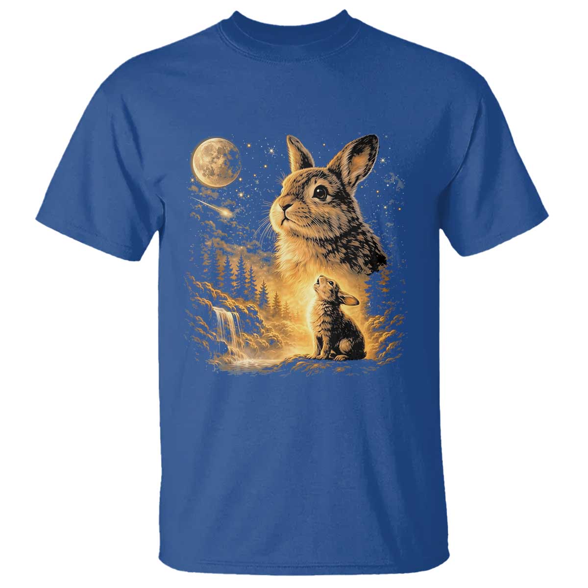 Mystical Moonlit Bunny Graphic T Shirt Glowing Rabbit Under Full Moon Waterfall Nature Scene