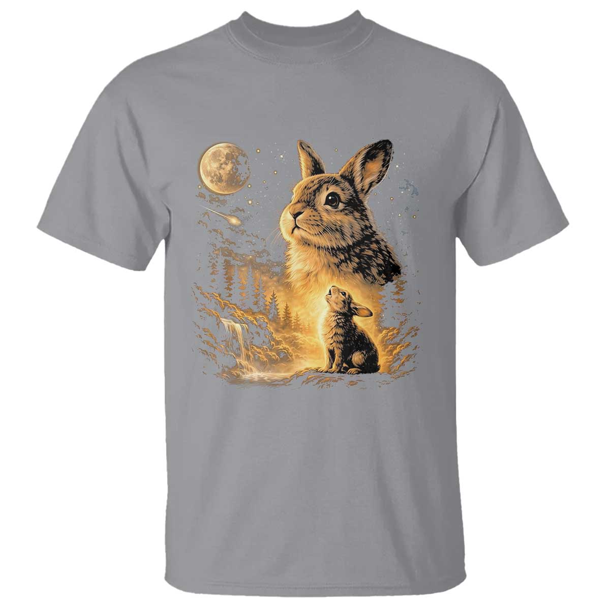 Mystical Moonlit Bunny Graphic T Shirt Glowing Rabbit Under Full Moon Waterfall Nature Scene