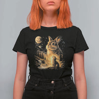 Mystical Moonlit Bunny Graphic T Shirt For Women Glowing Rabbit Under Full Moon Waterfall Nature Scene