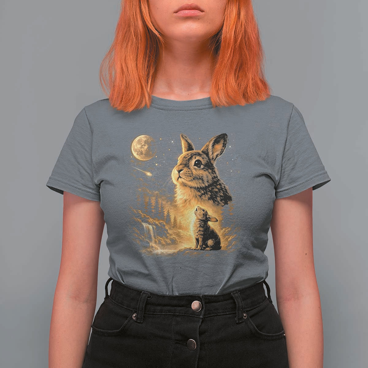 Mystical Moonlit Bunny Graphic T Shirt For Women Glowing Rabbit Under Full Moon Waterfall Nature Scene