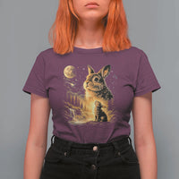 Mystical Moonlit Bunny Graphic T Shirt For Women Glowing Rabbit Under Full Moon Waterfall Nature Scene
