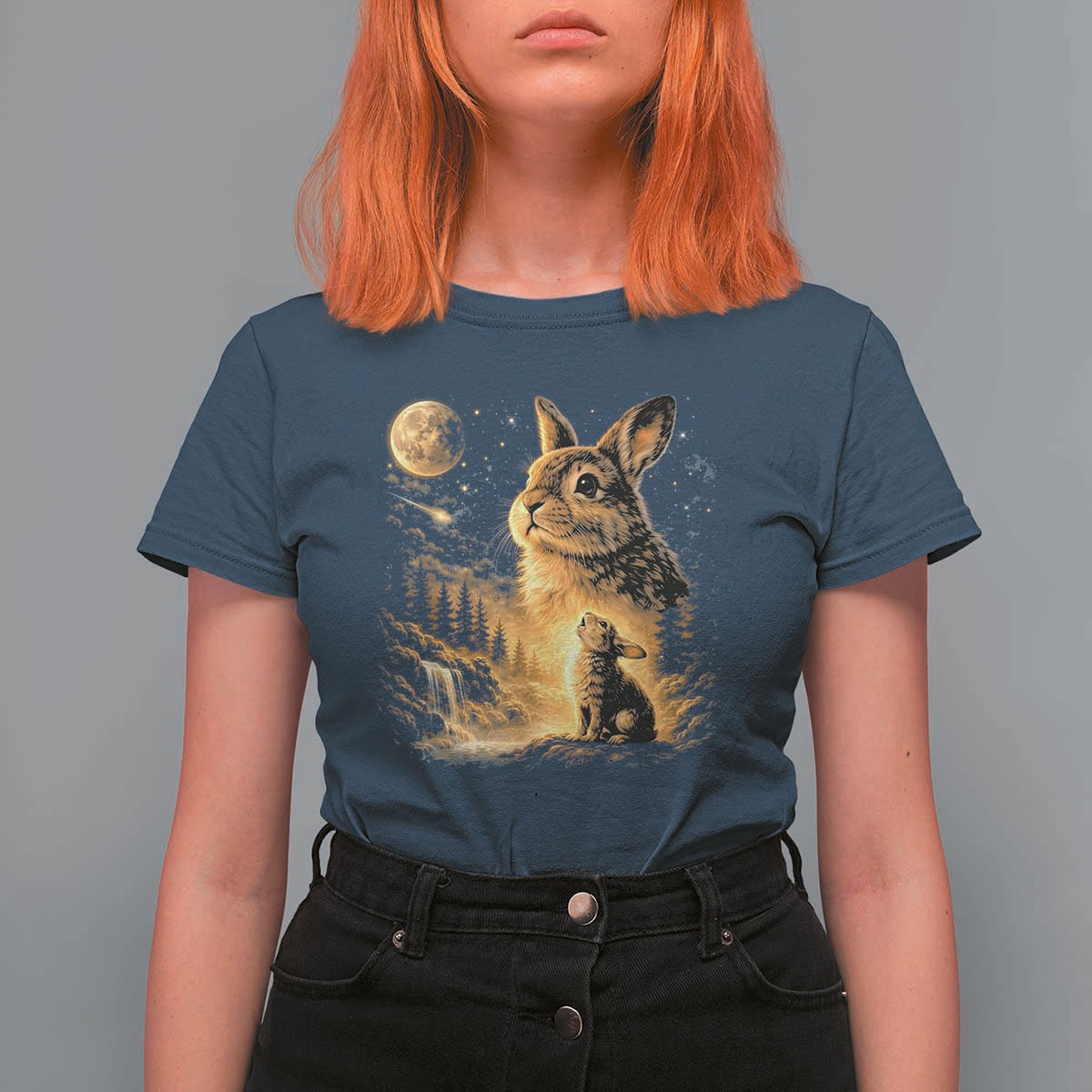 Mystical Moonlit Bunny Graphic T Shirt For Women Glowing Rabbit Under Full Moon Waterfall Nature Scene